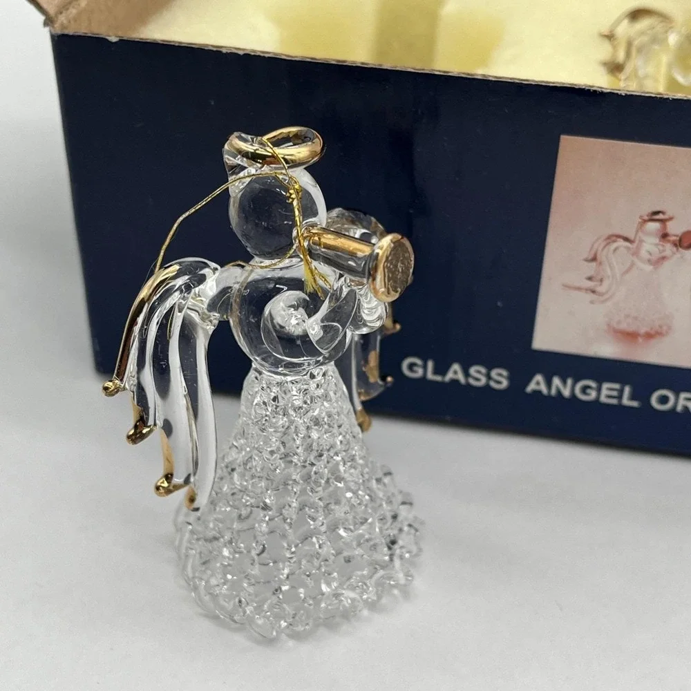 New in Box VTG Hand Blown Spun Glass Angel Christmas Ornaments Gold Trim